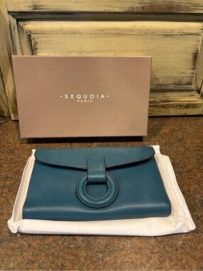 Sequoia Teal Leather Clutch with Circular Front Accent